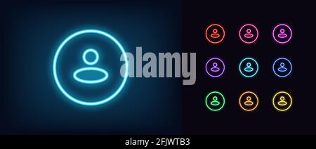 Neon user avatar icon. Glowing neon person sign, outline round avatar pictogram in vivid color. Anonymous user, online consultant and helper, web supp Stock Vector