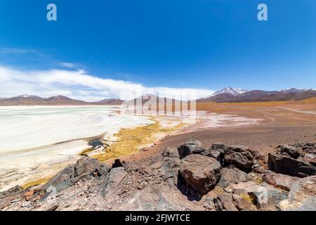 Tuyajto Lagoon on the altiplano in the Atacama Desert in the Antofagasta region of northern Chile, South America. Stock Photo