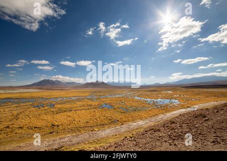 View from the Route B 245 at sunrise, a scenic road in the north of Chile. The road runs from San Pedro de Atacama to El Tatio Geysers, near the borde Stock Photo