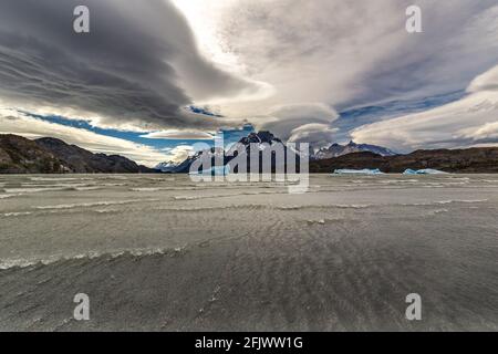 View of glacier at Lake grey and Isla de Los Hielos, Torres del Paine National Park, in Chile, South America Stock Photo