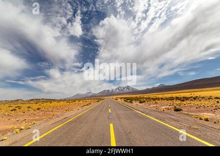 View from the Route 23, the scenic road in the north of Chile, running from Calama to Sico Pass, the border with Argentina. The road passes near Misca Stock Photo