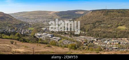 Llwynypia, Rhondda Valley, Wales - April 2021: Panoramic view of the Rhondda looking down on the village of Llwynypia, with Tonypandy in the distance Stock Photo