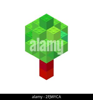 Isometric tree on a white background made of colored plastic blocks. The children s designer. Vector illustration. Stock Vector