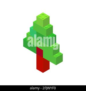 Isometric tree on a white background made of colored plastic blocks. The children s designer. Vector illustration. Stock Vector