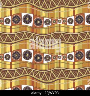 Wavy lines with an ornament on a background of vertical multi-colored stripes. Seamless pattern in brown-ocher colors. Stock Vector
