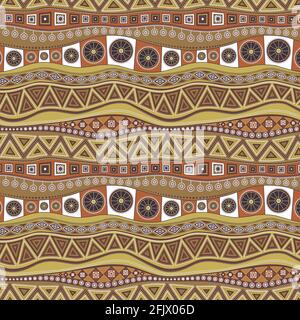Geometric seamless pattern on the them.e of African ornaments in ocher brown colors. Wavy lines with different patterns replace each other. Stock Vector