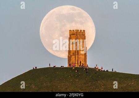 Glastonbury, Somerset, UK.  26th April 2021.  UK Weather.  The full pink super moon rises up from behind Glastonbury Tor in Somerset on a clear evening as people sit on top and watch it rise.  Picture Credit: Graham Hunt/Alamy Live News Stock Photo