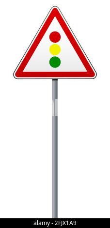 Warning road sign Traffic light regulation. A road sign on a metal pole. The isolated object on a white background. Vector illustration. Stock Vector