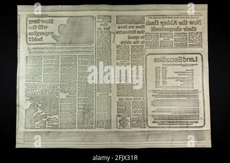 A flong (reverse side), created as part of the newspaper printing process for The Standard newspaper (now the London Standard) on 18th May 1982. Stock Photo