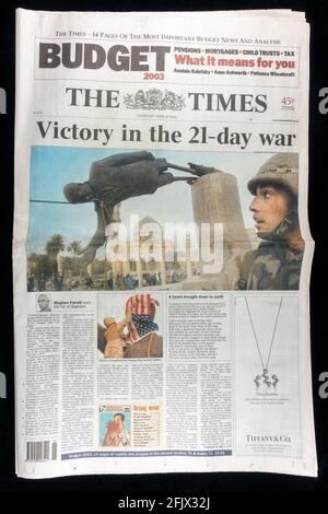 Front page of The Times newspaper on 10th April 2003 following the fall of Baghdad in the Gulf War. Stock Photo