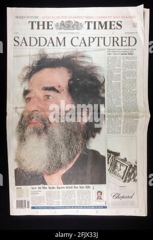 "Saddam Captured" headline on the front page of The Times newspaper on 15th December 2003 following the capture of Saddam Hussein. Stock Photo