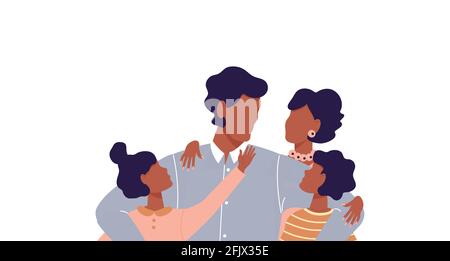 African man hugging his son and daughter. Faceless dad and mom together with children. Afro father and mother talking to his kids. Happy family. Cute Stock Vector