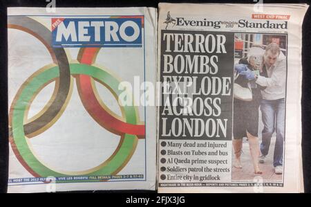 Newspapers published on 7th July 2005, the morning Metro before terrorist attacks and then the Evening Standard after the bombings. (SEE NOTES) Stock Photo