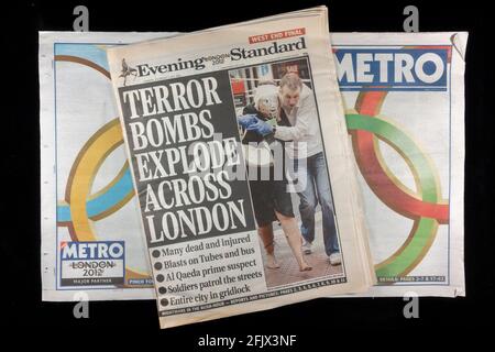 Newspapers published on 7th July 2005, the morning Metro before terrorist attacks and then the Evening Standard after the bombings. (SEE NOTES) Stock Photo