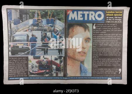 The London Metro front page (fully open) published on 8th July 2005, the day after London was hit by a series of terrorist attacks (SEE NOTES) Stock Photo