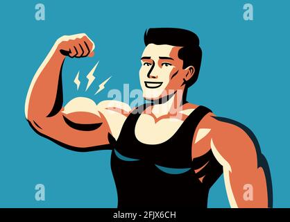 Muscular man flexing arm straining strong biceps. Gym concept vector illustration Stock Vector