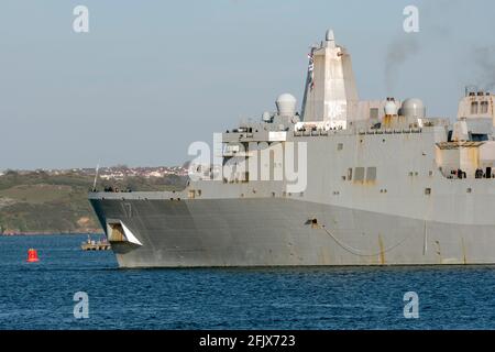 Plymouth/UK/26th April 2021  USS San Antonio Landing Platform Deck (LPD 17) with Viper and Venom Helicopter units embarked departing Plymouth after  a short visit.5 Credit: Bob Sharples/Alamy Live News Stock Photo
