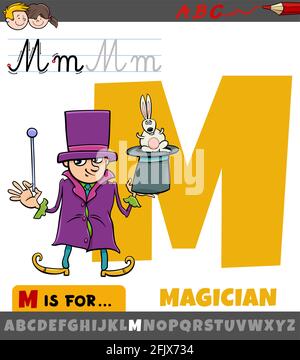 Educational cartoon illustration of letter M from alphabet with magician character Stock Vector