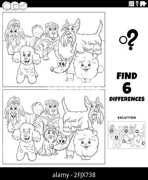 Black and white cartoon illustration of finding the differences between pictures educational game for children with funny purebred dogs animal charact Stock Vector