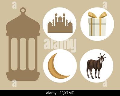 five eid mubarak icons Stock Vector