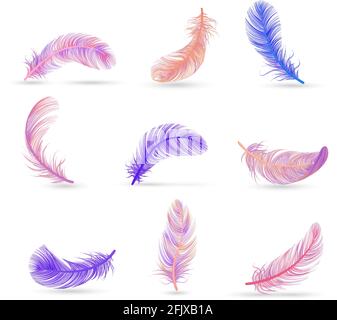 Realistic feather white background composition with soft violet and pink isolated feathers vector illustration Stock Vector