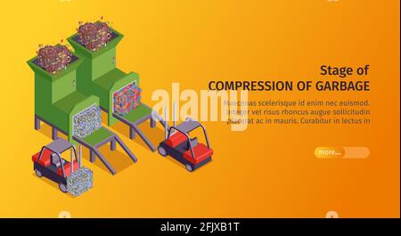 Orange isometric garbage horizontal banner with stage of compression of garbage headline vector illustration Stock Vector