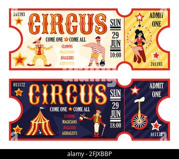 Circus retro tickets set for morning and evening performance 2 horizontal banners with clown realistic vector illustration Stock Vector