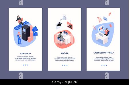 Cyber security isometric vertical banners set with atm fraud and hacker attack icons 3d isolated vector illustration Stock Vector