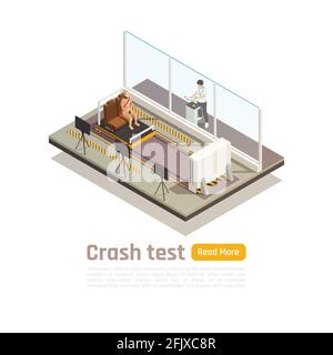 Crash test car safety isometric composition with read more button text and testing room units images vector illustration Stock Vector