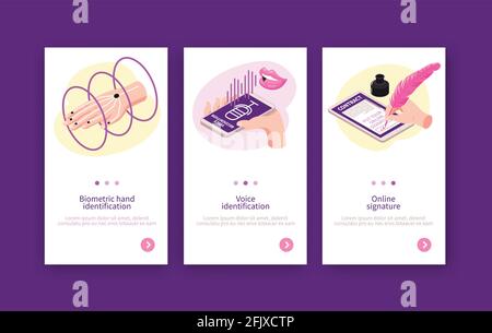 Isometric biometric identification vertical banners set with page switch buttons and images of human fingerprints signatures vector illustration Stock Vector