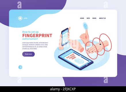 Isometric biometric identification concept banner web site landing page with clickable links and human hand images vector illustration Stock Vector