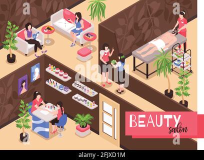 Isometric beauty salon background composition with indoor view of spa studio with people during therapy procedures vector illustration Stock Vector