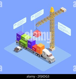 Cargo transportation isometric composition with crane loading colorful containers 3d vector illustration Stock Vector
