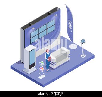 Isometric composition with woman and expo stand with monitor and handouts 3d vector illustration Stock Vector