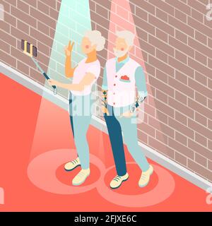 Modern elderly people isometric background with couple of seniors taking selfie vector illustration Stock Vector