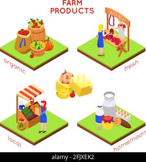 Outdoor food market. Isometric local farm grocery marketplaces with ...