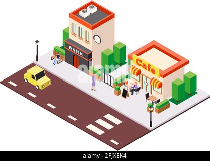 Isometric city buildings background composition with view of street cafe and bank houses with people characters vector illustration Stock Vector