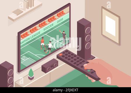 Sports channel indoor composition with images of home theater system tv screen and hand with remote vector illustration Stock Vector