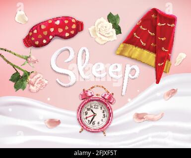 Sleep accessories composition of realistic images with soft linen flowers and alarm clock with editable text vector illustration Stock Vector