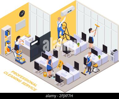 Professional cleaning service isometric composition with text and indoor office scenery workplaces computers and workers group vector illustration Stock Vector