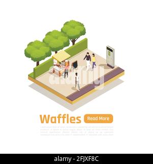 Street carts trucks isometric isolated composition with waffles for sale in the park vector illustration Stock Vector