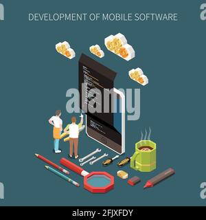 Programming development concept with mobile software symbols isometric vector illustration Stock Vector