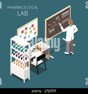 Pharmaceutical lab concept with science and medicine symbols isometric vector illustration Stock Vector