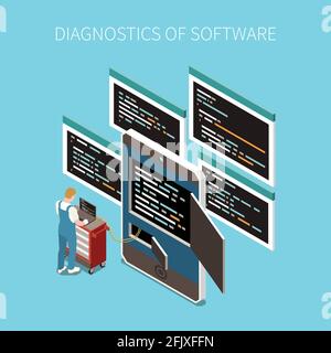 Software diagnostics concept with programming code symbols isometric vector illustration Stock Vector