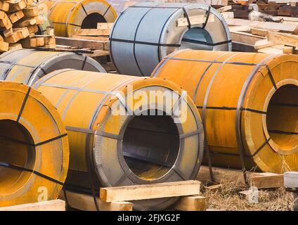 Industrial area, construction site with rusty metal packaging, manufacturing and steel storage. Stock Photo