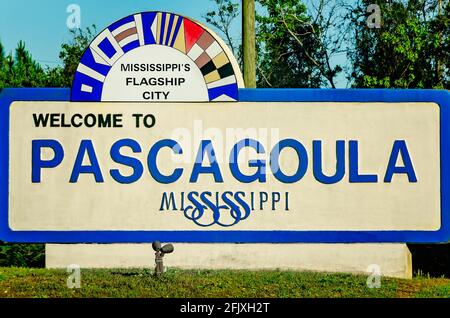 The Welcome to Pascagoula sign stands on Highway 90, April 25, 2021, in Pascagoula, Mississippi. Stock Photo