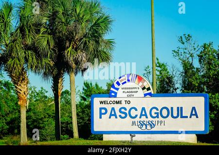 The Welcome to Pascagoula sign stands on Highway 90, April 25, 2021, in Pascagoula, Mississippi. Stock Photo