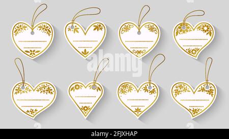 Price label luxury craft set. Shopping white gold floral pattern empty sale tag, coupon, badge design template. Various heart shape discount tickets. Valentines romantic retro card text frame Stock Vector