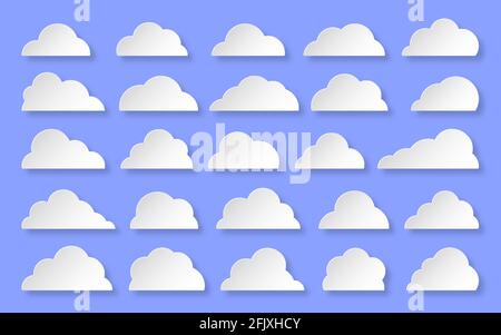 White paper cut clouds set isolated on blue background. Abstract different cloud shapes icon symbol collection. Network internet storage cartoon web banner. Think speech bubble origami concept Stock Vector