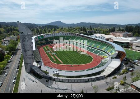 An aerial view of Hayward Field on the campus of the University of Oregon, Friday, April 23, 2021, in Eugene, Ore. The stadium will serve as the site Stock Photo